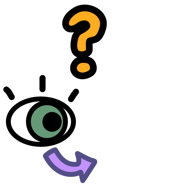 An image with dark line art shows a grey green eye with a purple arrow below it curving to point at an empty space. Above is a yellow question mark.